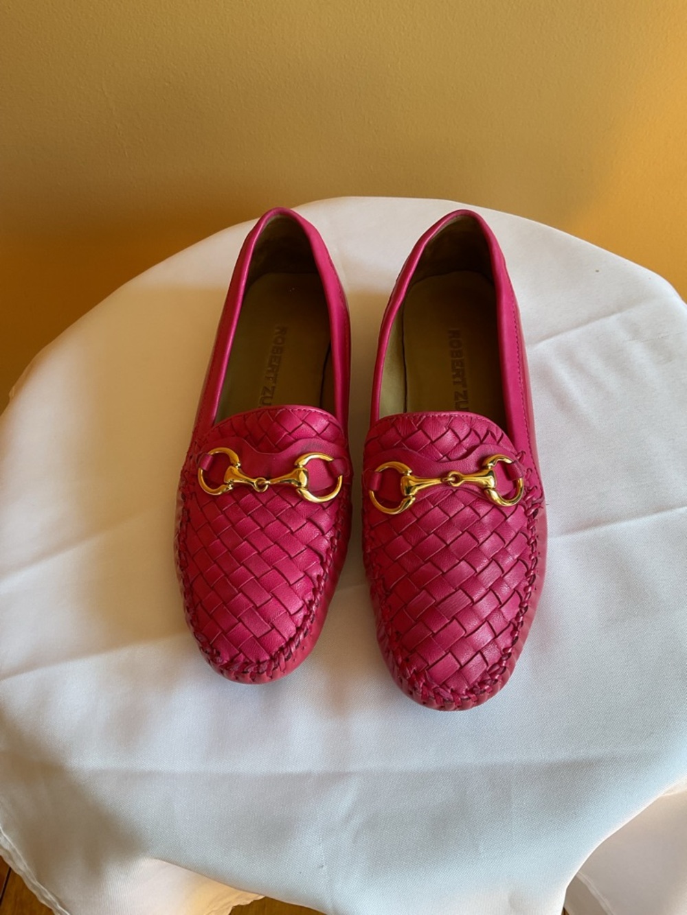 Robert Zur PinkWoven Leather Loafers with Gold Hardware 8M